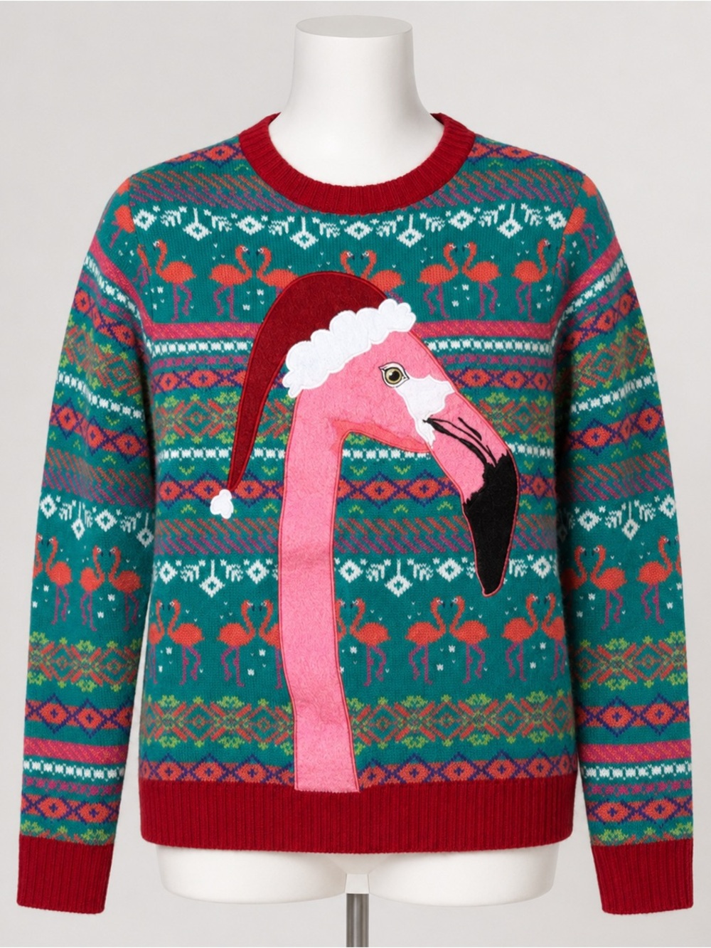 Blizzard Bay Flamingo Ugly Christmas Sweater Santa Hat Small